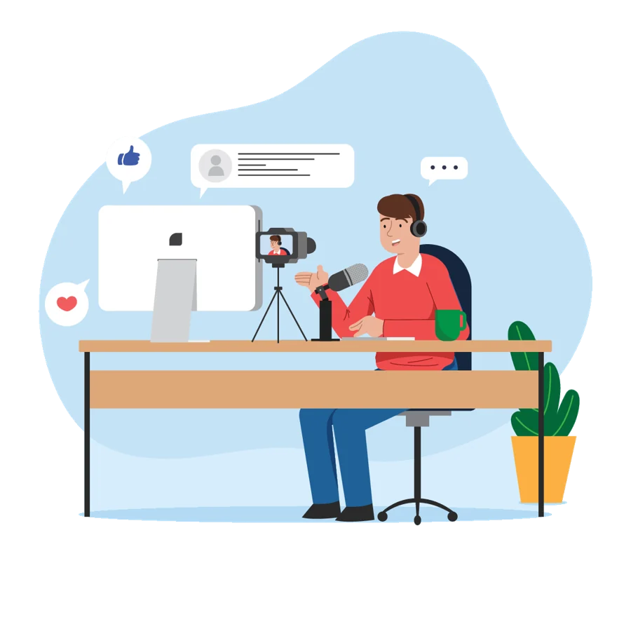 Illustration of a creator recording at a desk with a camera and a computer
