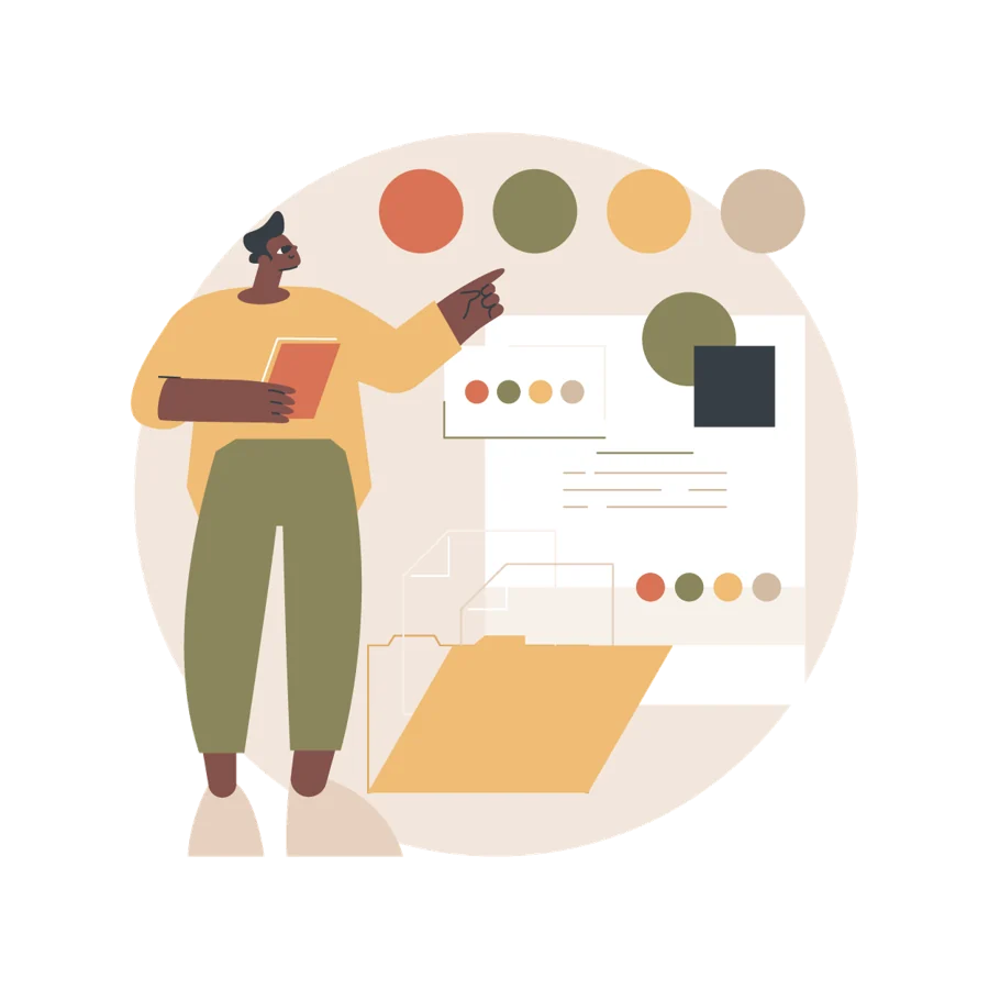 Illustration of a designer pinning colour swatches to a brand board