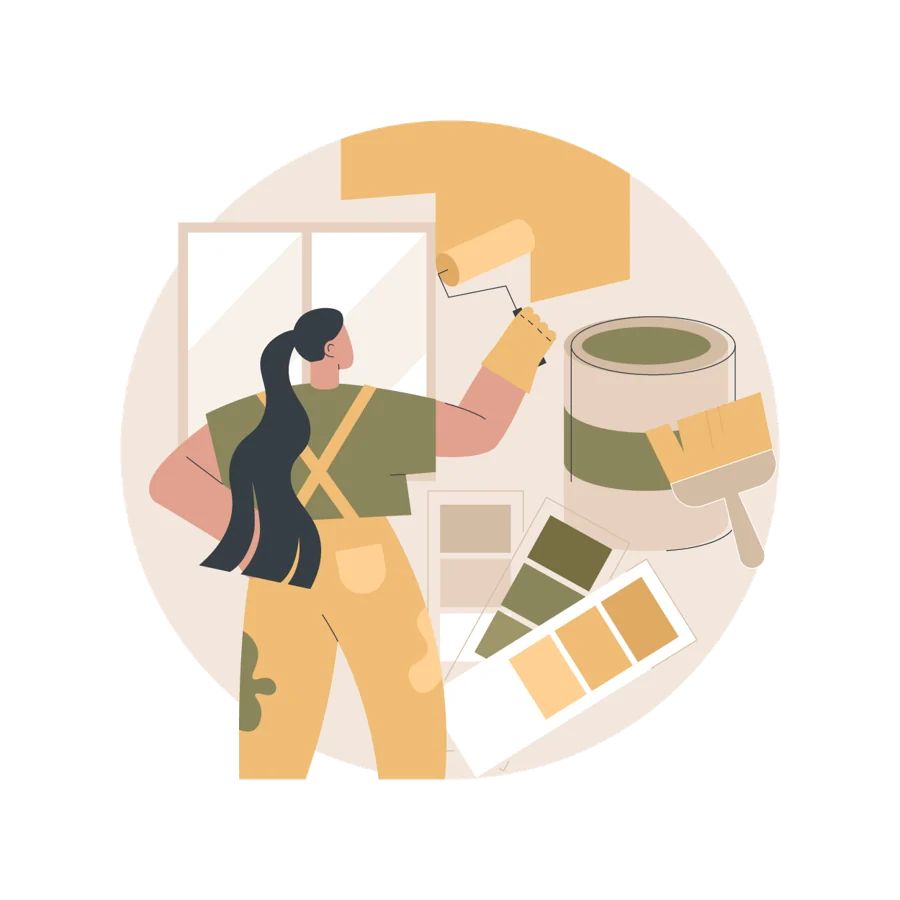 Illustration of a painter holding a roller next to colour samples