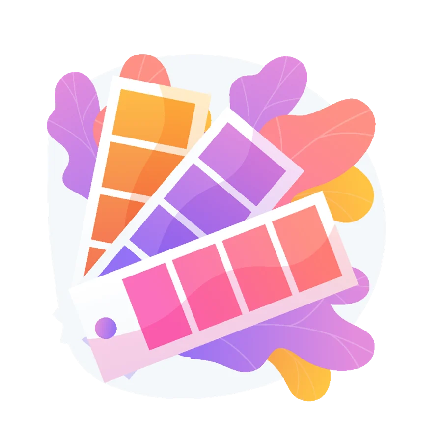 Illustration of a fan of colour swatches in pink, orange and purple