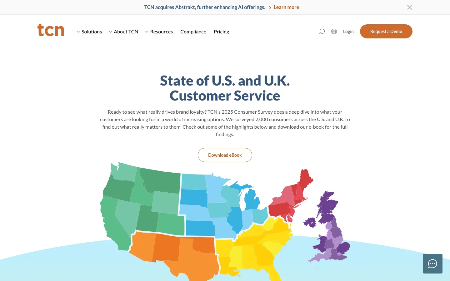 Screenshot of the TCN 2025 consumer survey page headed State of U.S. and U.K. Customer Service, with a colorful map of both countries