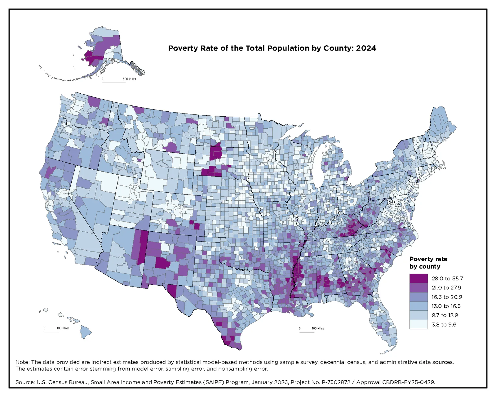 Census Bureau county map of the poverty rate in 2024, shaded in six steps of a light blue to deep purple color scale