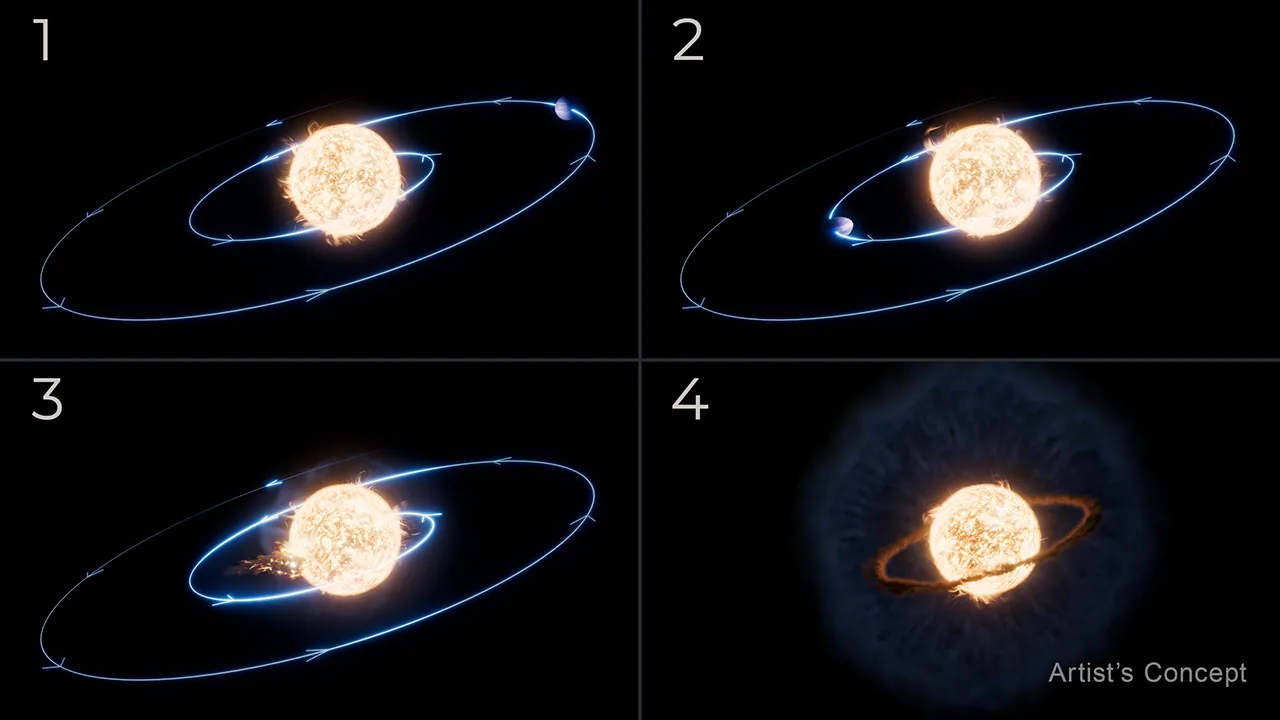 NASA four panel artist's concept numbered one to four, showing a planet's orbit shrinking until the star engulfs it
