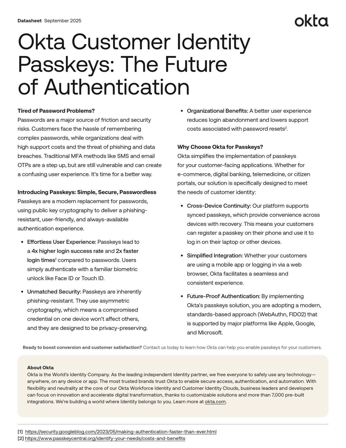 Okta Passkeys Datasheet, a product datasheet example from the identity security industry