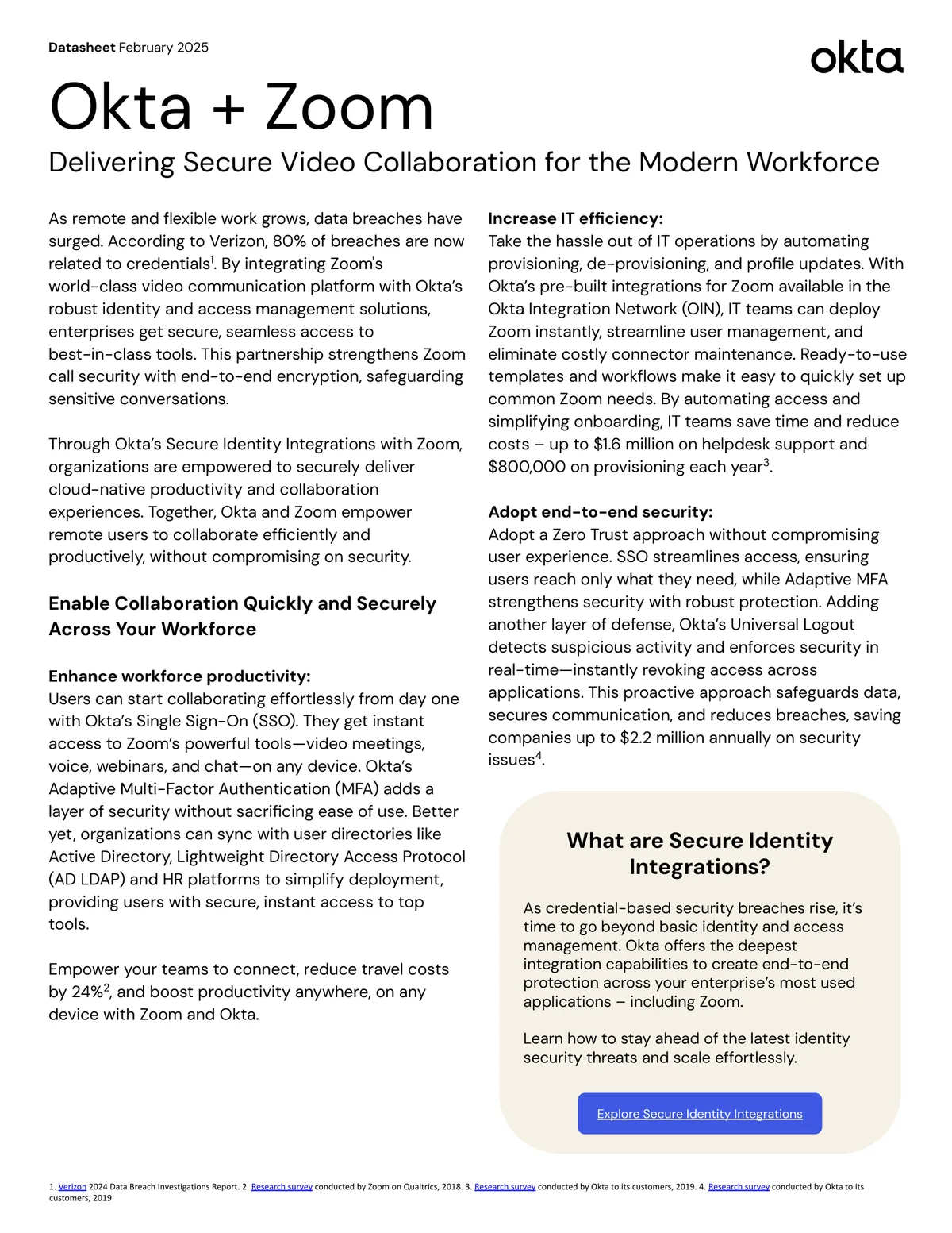 Okta Okta + Zoom Datasheet, a partner one-pager example from the identity security industry