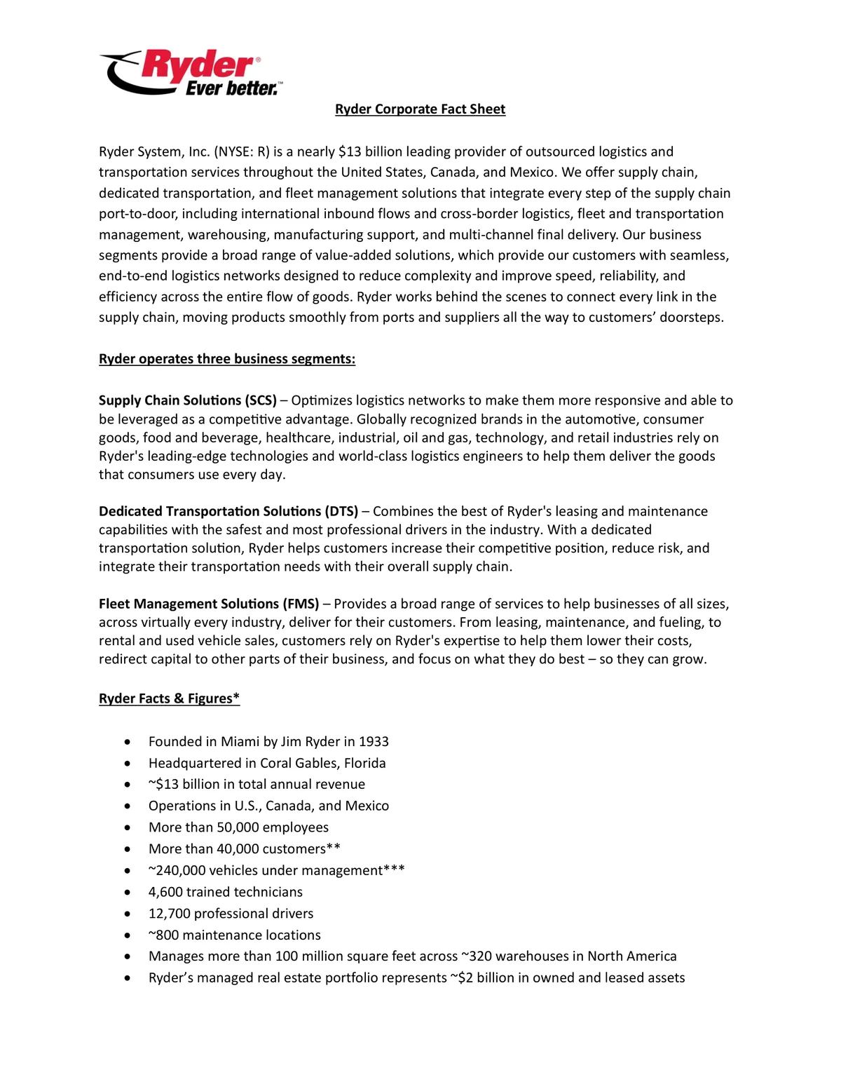 Ryder Corporate Fact Sheet 2025, a corporate fact sheet example from the logistics industry
