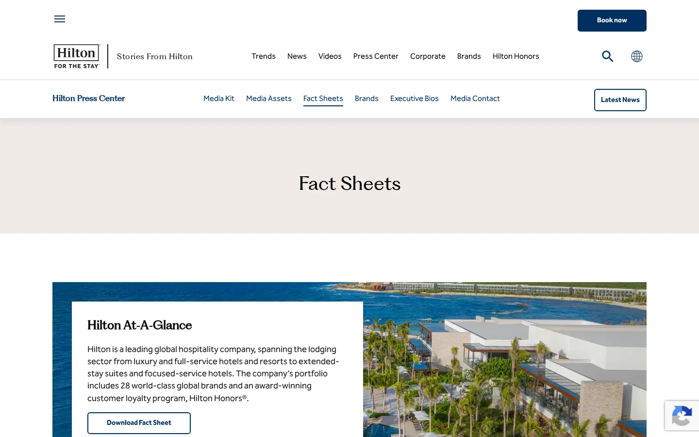 Hilton Hilton Fact Sheets, a brand fact sheet hub example from the hospitality industry