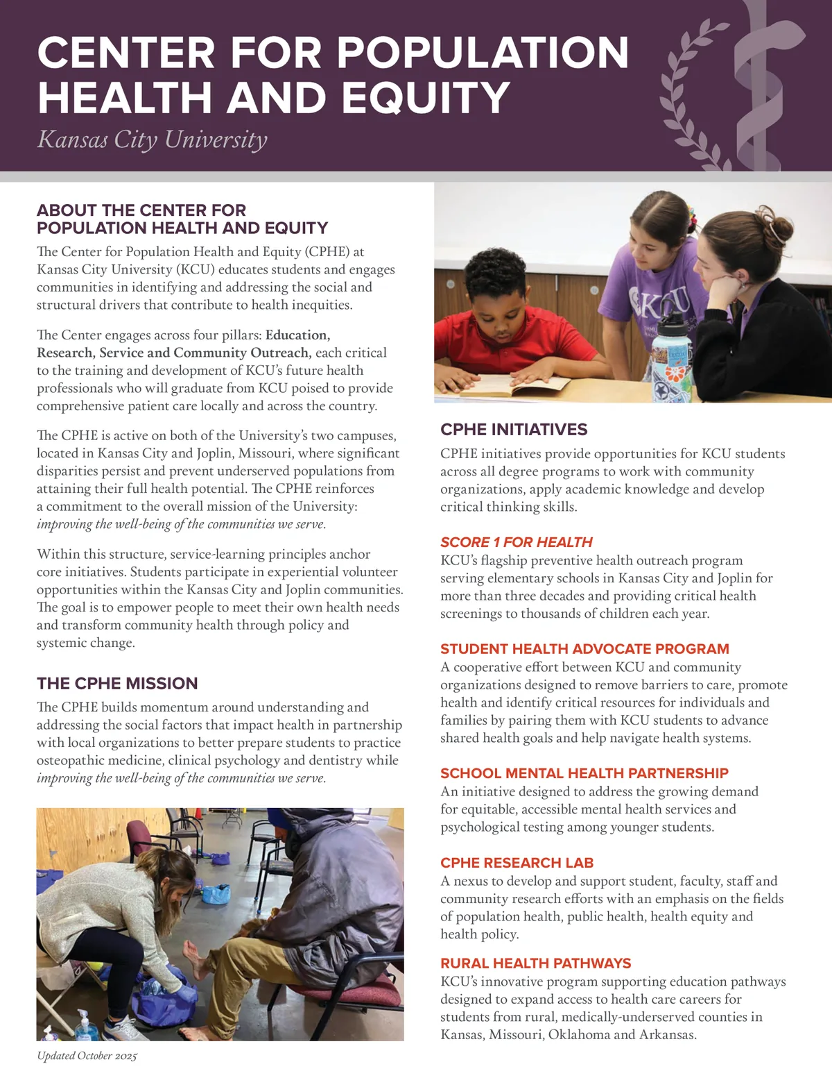 Kansas City University Center for Population Health and Equity One-Pager, a program one-pager example from the higher education industry