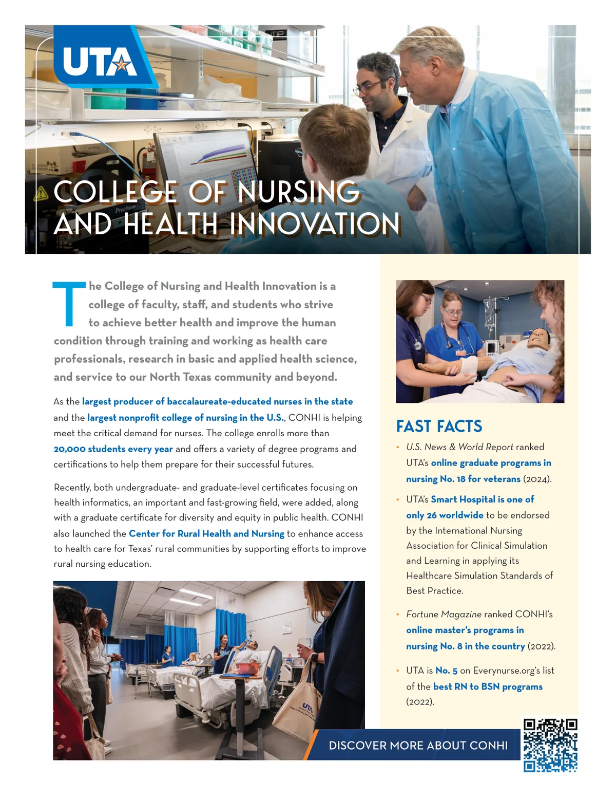 UT Arlington College of Nursing and Health Innovation One-Pager, a program one-pager example from the higher education industry
