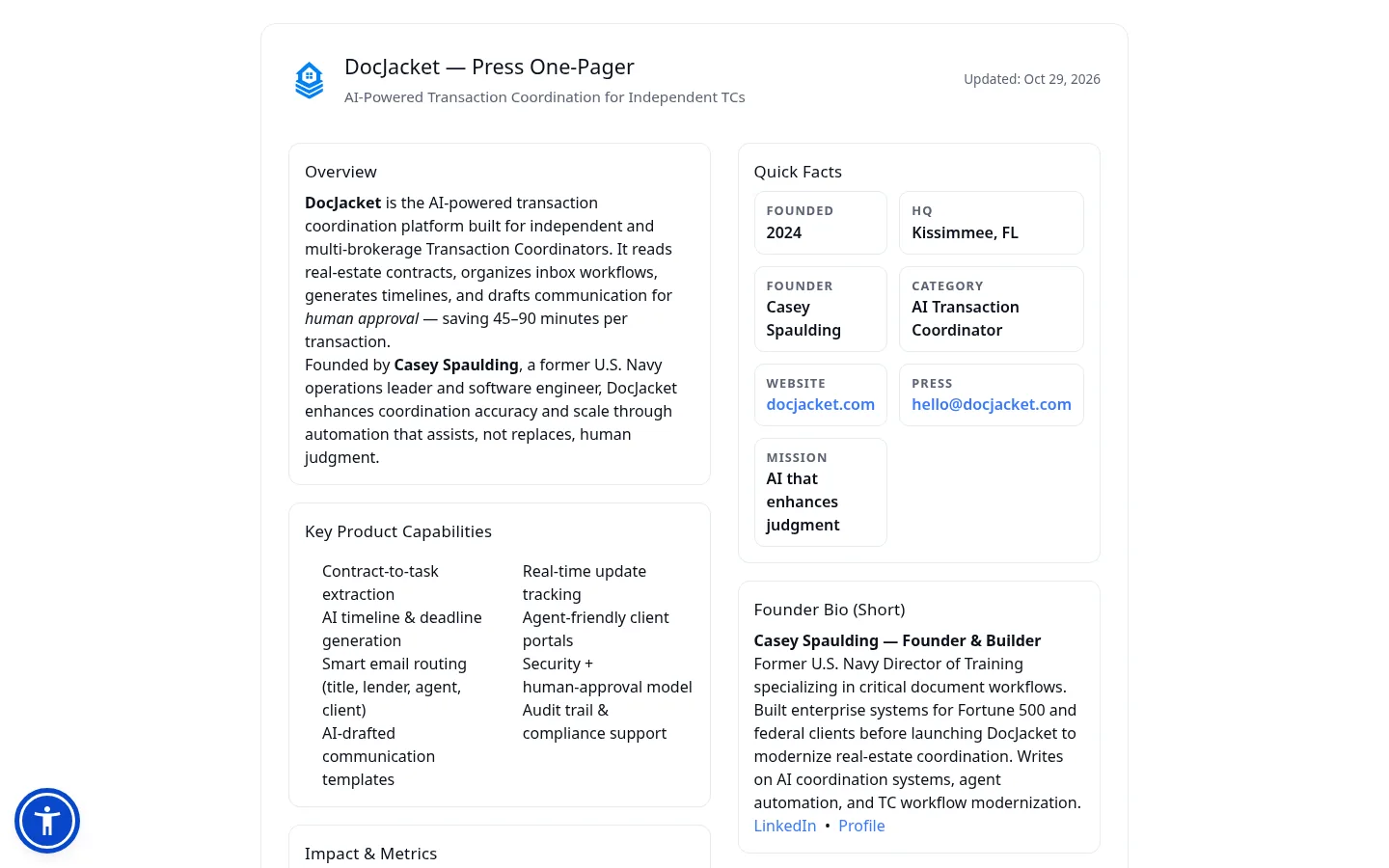 DocJacket Press One-Pager, a press one-pager example from the real estate software industry