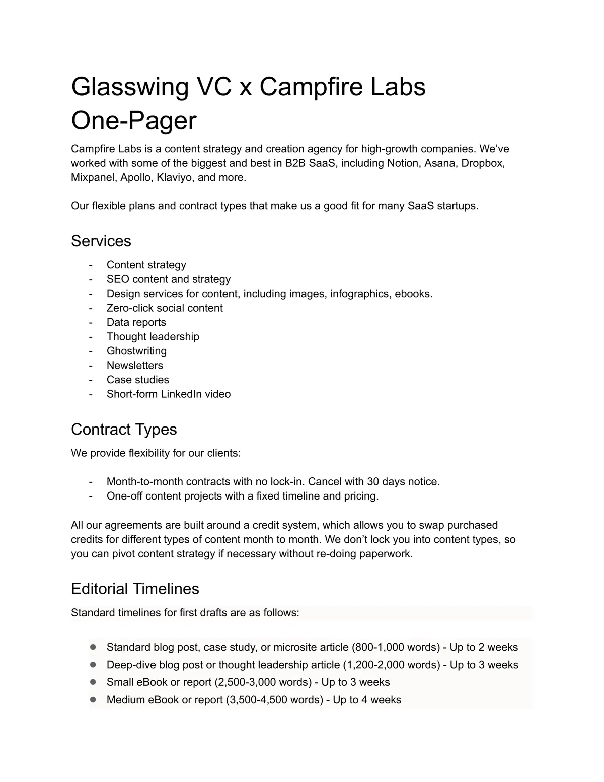 Campfire Labs Glasswing VC Portfolio One-Pager, a agency one-pager example from the content marketing agency industry